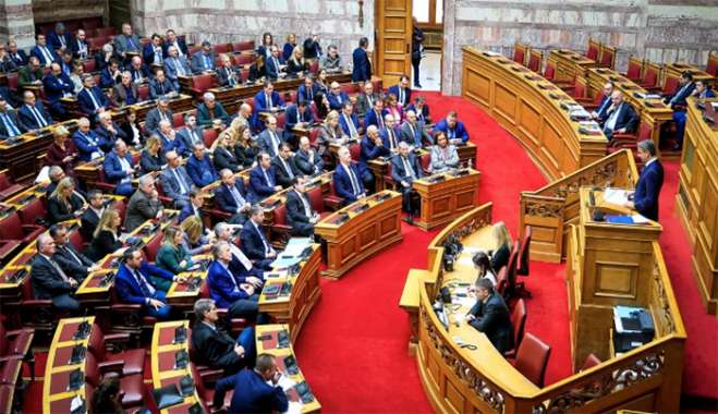 Στο βήμα της Βουλής ο πρωθυπουργός, Κυριάκος Μητσοτάκης  ΓΙΩΡΓΟΣ ΚΟΝΤΑΡΙΝΗΣ/EUROKINISSI